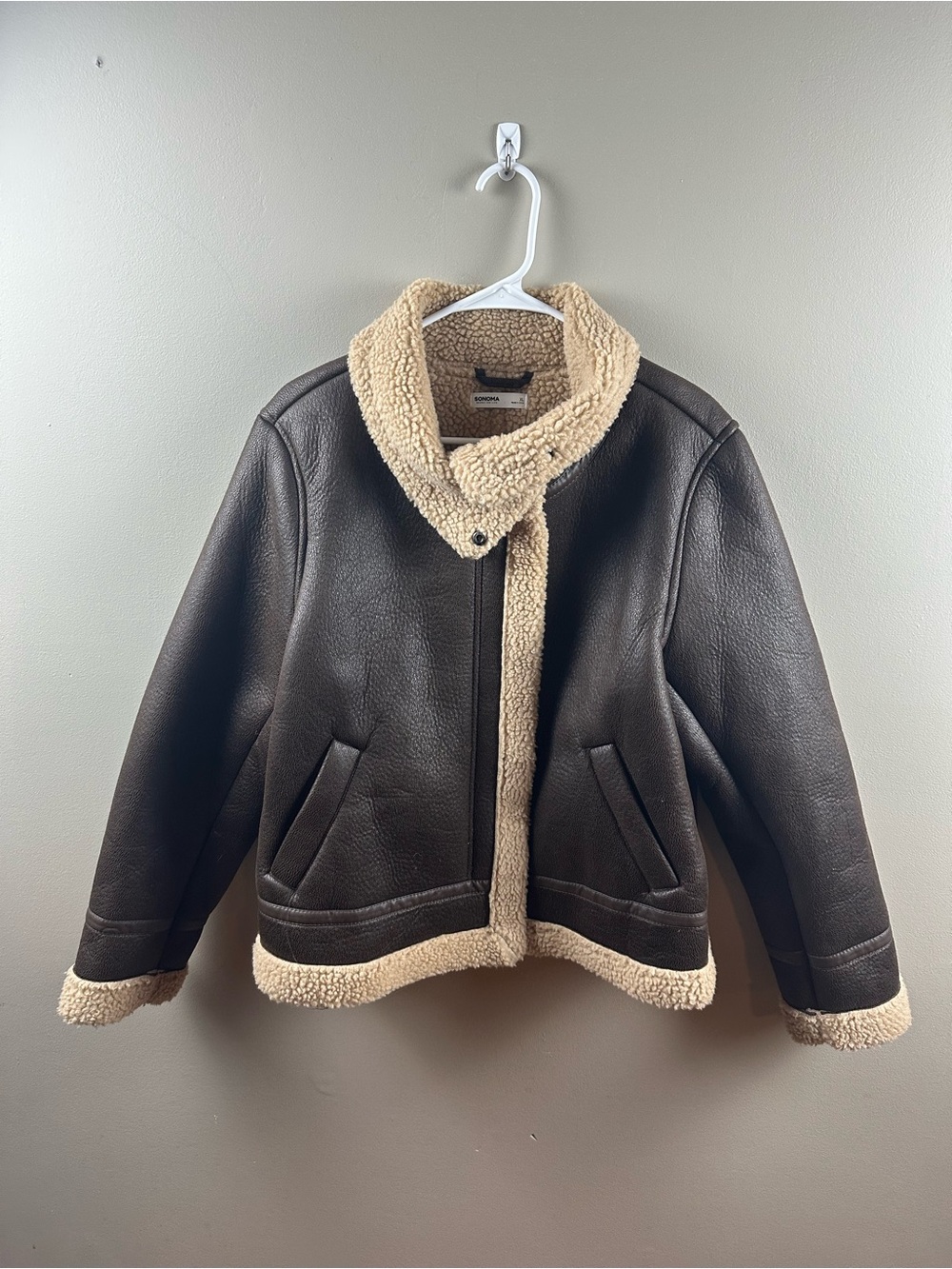 Sonoma Dark Brown Faux Shearling Aviator Jacket with Cream Trim